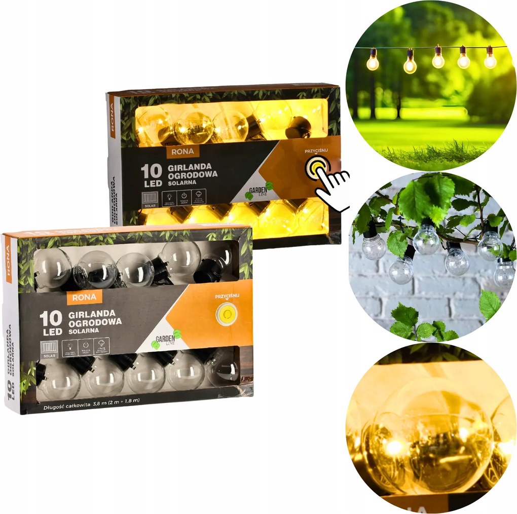 Napelemes Füzér 3,8 m 10 Led Meleg fehér IP44 Erkély Kert Terasz