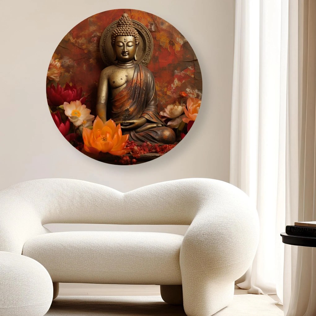 Gario Kerek vászonkép Meditáló Buddha szobor és színes virágok Méret: 40 x 40 cm