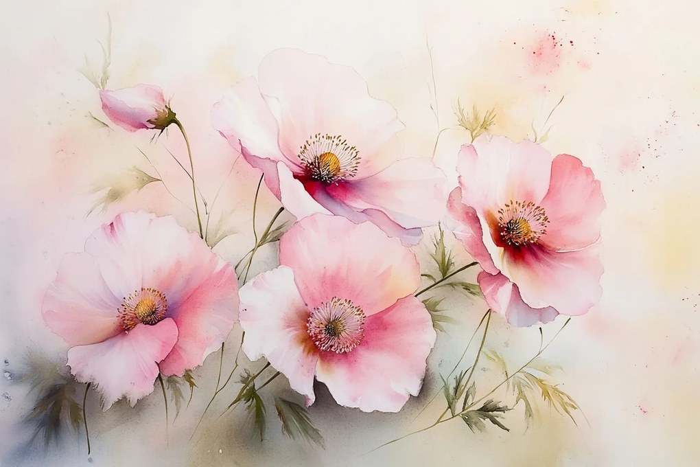 Canvas Vászonkép Akvarell Természet Rózsaszín Mezei Virágok Pipacsok 60x40