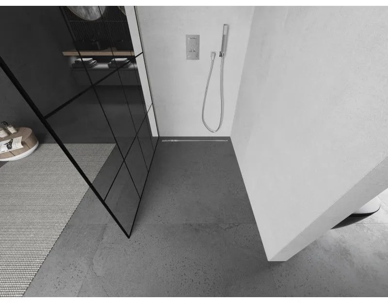 Mexen Kioto, Walk-In zuhanyparaván 150 x 200 cm, 8 mm átlátszó üveg fekete mintás, csiszolt acél profil, 800-150-101-97-77