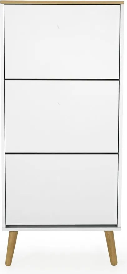 Dot fehér cipősszekrény tölgyfa dekorral, 3 billenős fiókkal - Tenzo