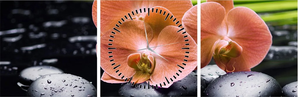Kép - Narancssárga orchidea pálmalevelekkel (órával) (90x30 cm)