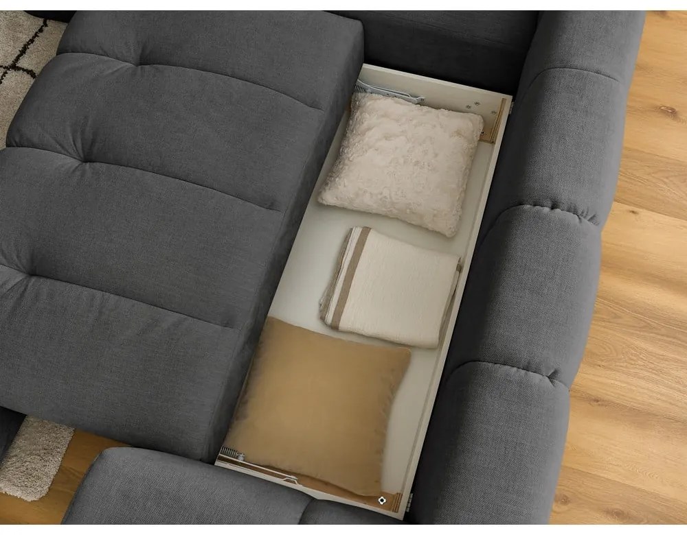 Sötétszürke kinyitható-tárolóhelyes sarokkanapé (bal oldali-L alakú) Fuji – Bobochic Paris