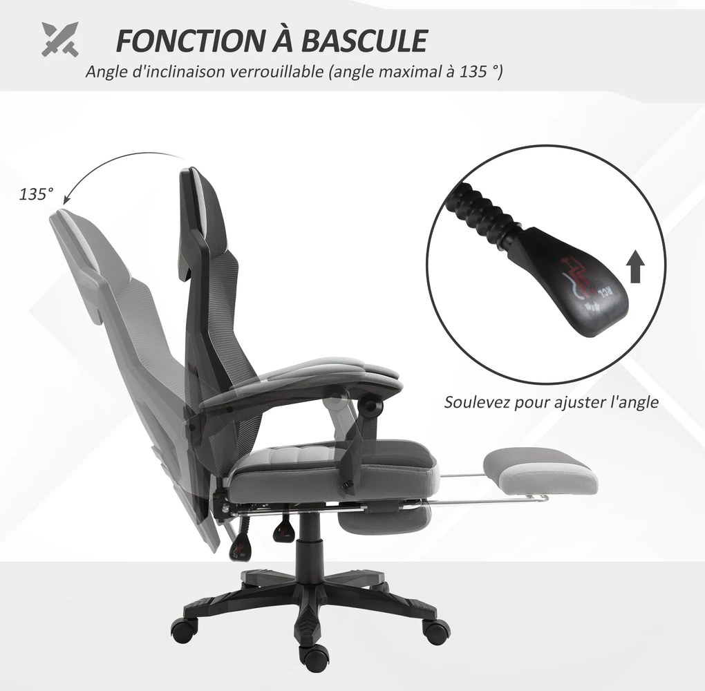 Vinsetto Irodai Szék Játék Szék Állítható Magasságú Forgószék Puffal Hálós Szövet 58L x 63W x 112-122H cm Szürke Fekete | Aosom