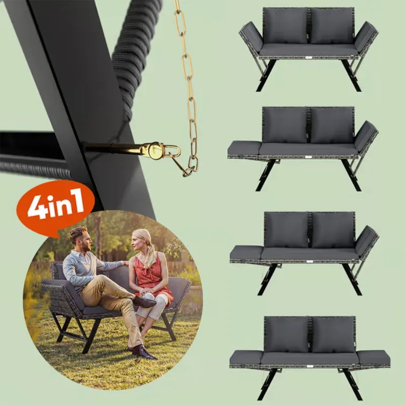 Kerti pad 2in1 polirattanból 176 × 56 × 81 cm fekete / krém