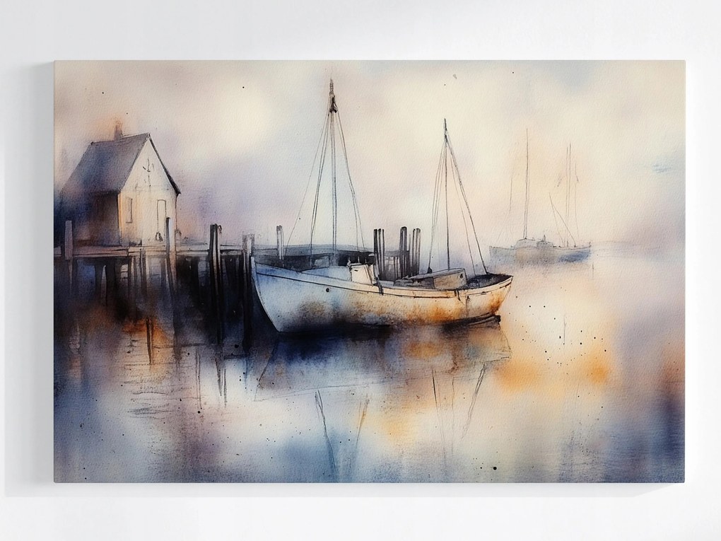 Poszter Tájkép Víz Móló Kikötő Hajó Köd 120x80