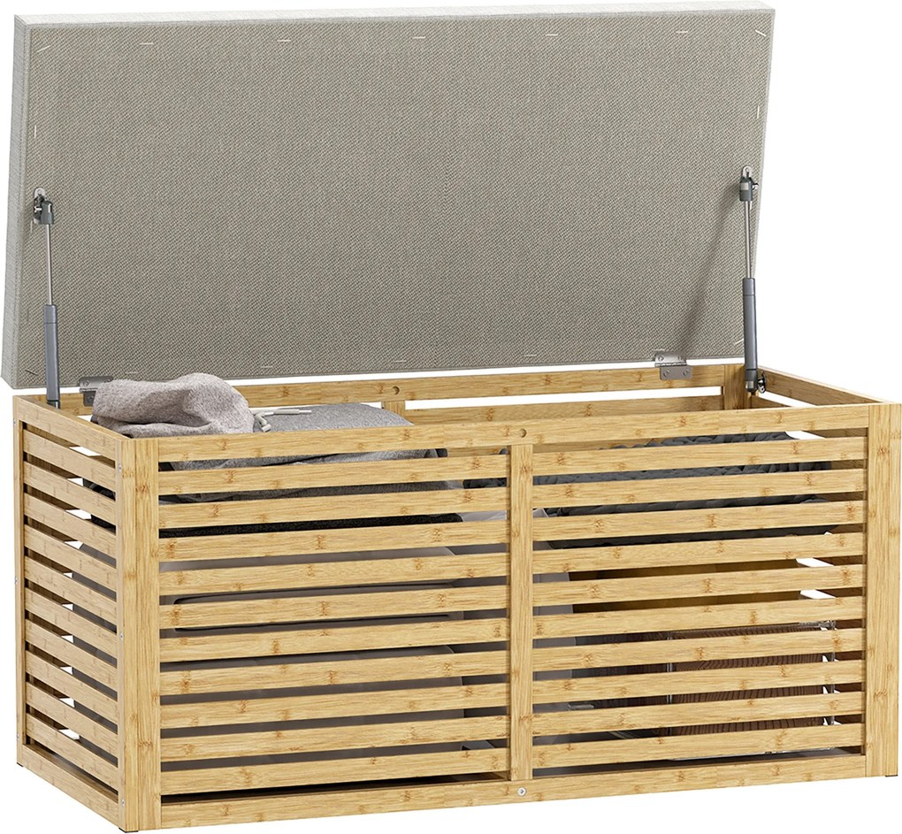HOMCOM 122L Tároló Ottoman Kanapé, Szintetikus Vásznakkal Bélelt, Bambusz Kerettel, Előszobához és Nappalihoz 90x42x43 cm Szürke és Természetes | Aoso