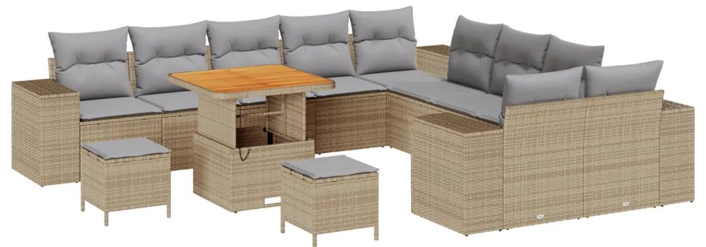 13 darabos Kert Sofa Szett Párnákkal Bézs Poli Rattan Akáciával, 3 darabos Kert Étkező Szett Párnákkal Bézs Poli Rattan Akáciával