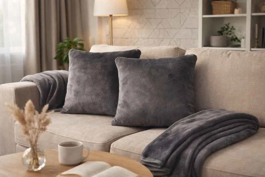 Szürke fleece díszpárna párnabelsővel – puha, formatartó