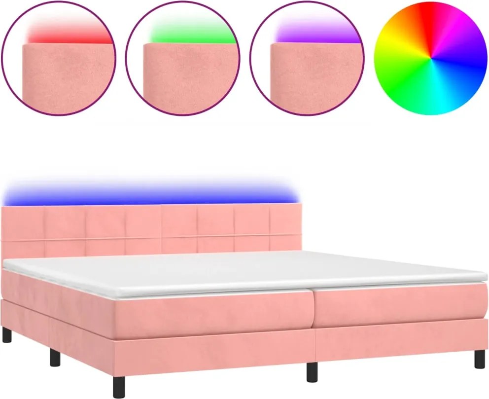 vidaXL rózsaszín bársony rugós és LED-es ágy matraccal 200x200 cm