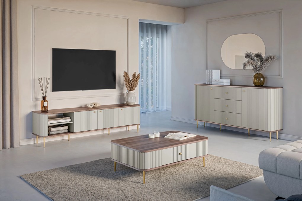 Vesper 3D TV-szekrény 187 cm - kasmír / diófa / arany színű lábak