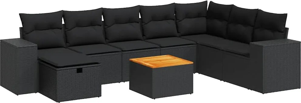 vidaXL 9 részes fekete polyrattan kerti ülőgarnitúra párnákkal