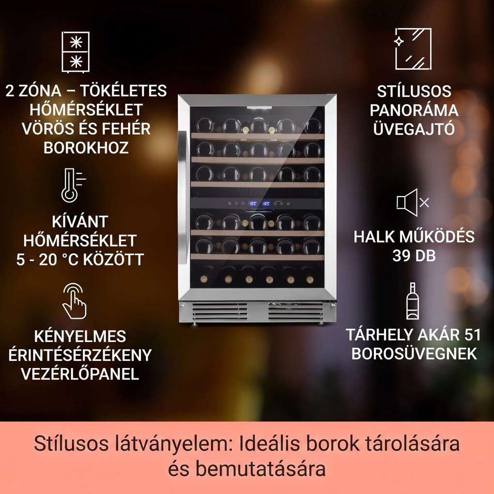 Klarstein Vinovilla 50 Duo kétszintes borhűtő 53 l, 17 palack, háromszínű üvegajtó