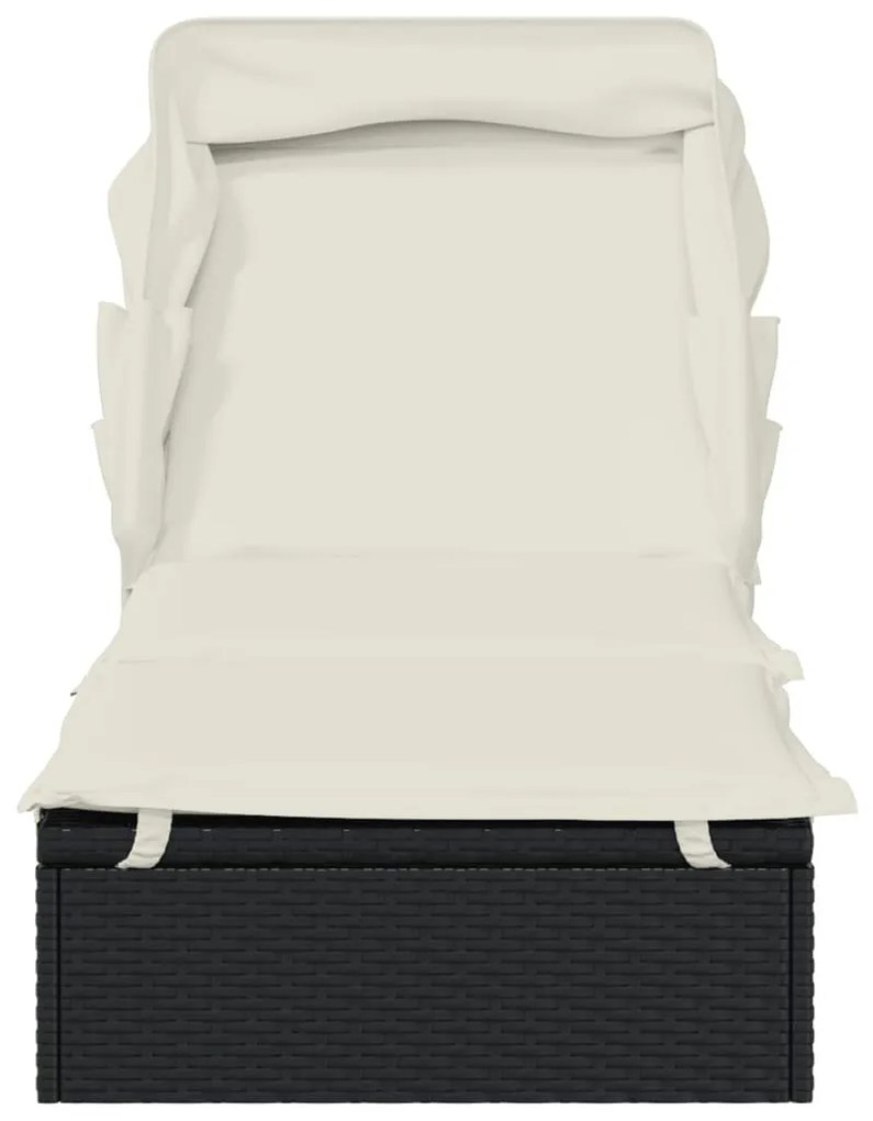 Fekete polyrattan napozóágy összecsukható tetővel 213x63x97 cm