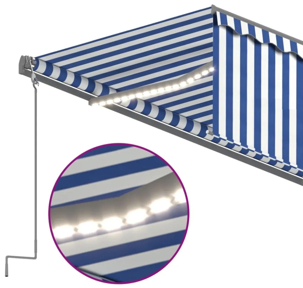 kék és fehér redőnyös, szélérzékelős, LED-es napellenző 5x3 m