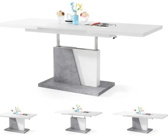 NINO fehér/szürke beton kihúzható, emelhető konferencia/étkezőasztal