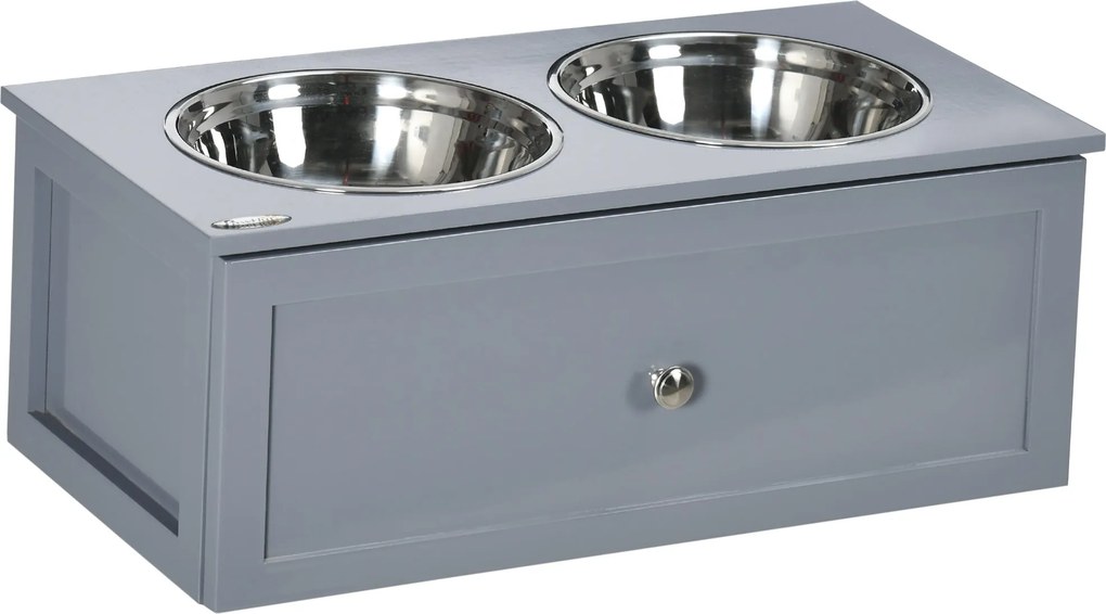 PawHut Emelt Kutya Tál Etető Tál Húzóval, 2 x 2000ml Rozsdamentes Acél Tálak, Étel Tál Etető Állomás Közepes Kutyák és Macskák Számára, Szürke | Aosom