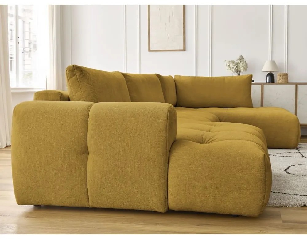 Mustársárga kinyitható-tárolóhelyes sarokkanapé (jobb oldali-U alakú) Fuji – Bobochic Paris