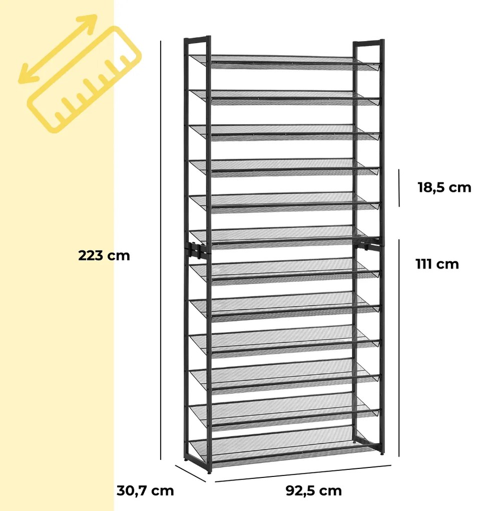 IDA halmozható cipőállvány, 12 polc, 92,5x31x223cm, fekete Jurhan