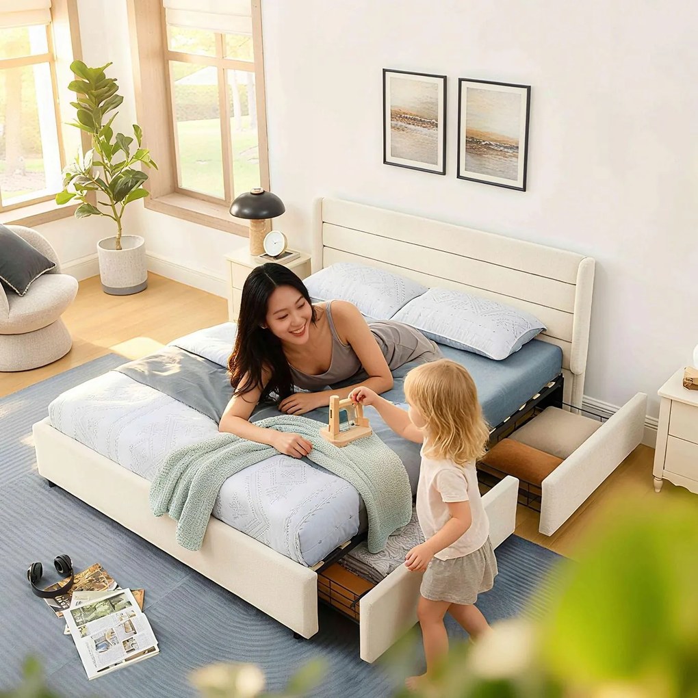 Franciaágy, 140*200 cm, zsenília Kárpitozott ágy 4 fiókkal Bézs