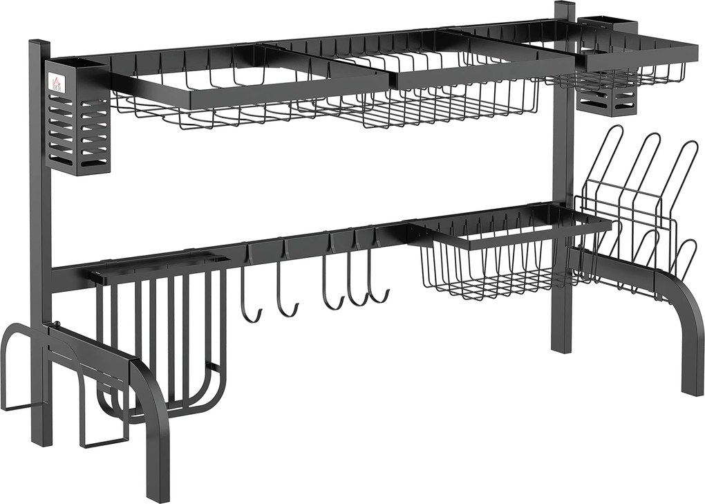 HOMCOM Tányérszárító Rács, 2-Tier Tányértartó Állvány Akasztókkal, Kiegészítőkkel, 100 cm Tányérlefolyó Állvány a Konyhai Mosogatóhoz, Acél, Fekete |