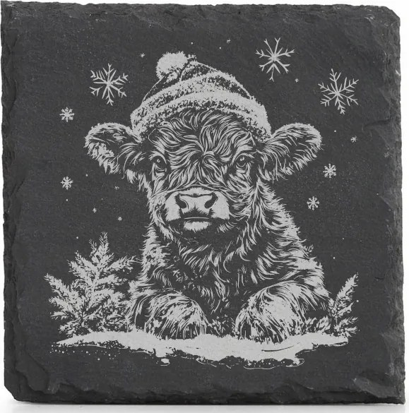 Kő alátét bögre alá x4 Karácsonyi borjú Mikulás sapkában