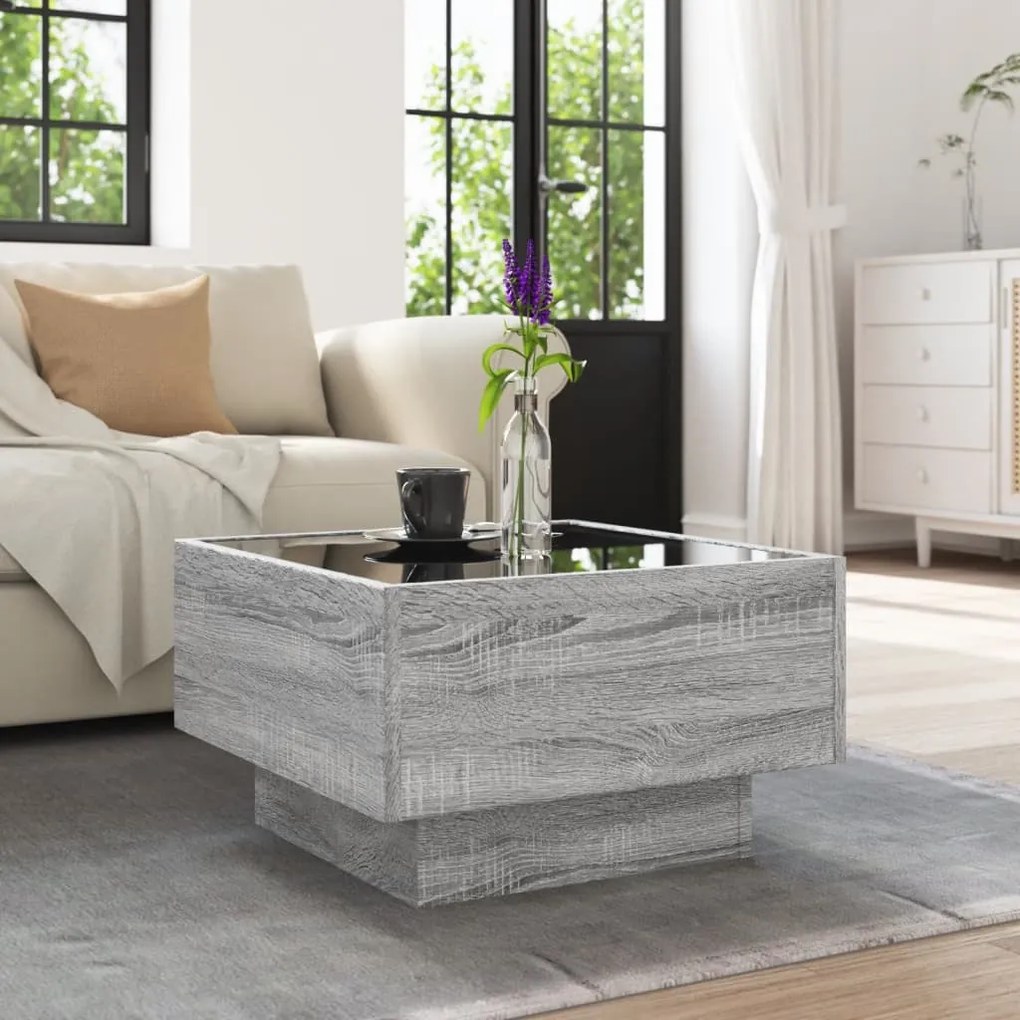 Szürke sonoma szerelt fa dohányzóasztal LED-del 50 x 50 x 30 cm