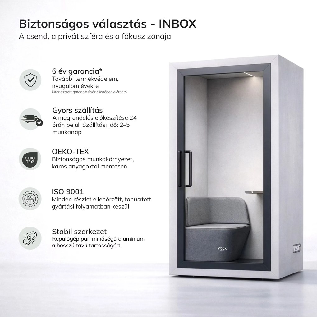 INBOX akusztikai irodai fülke 1 személyes, 2100 × 1100 × 900 mm