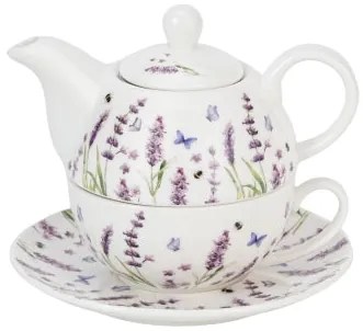 Levendulás porcelán egyszemélyes teáskészlet szűrővel díszdobozban