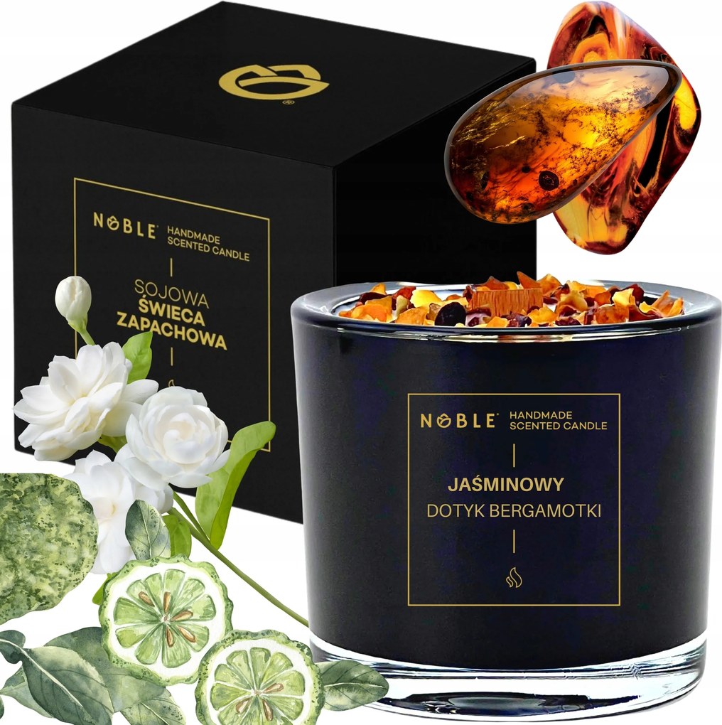 Szója illatgyertya fényes jázmin bergamott borostyán Noble