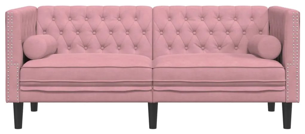 2 személyes rózsaszín bársony Chesterfield kanapé párnákkal