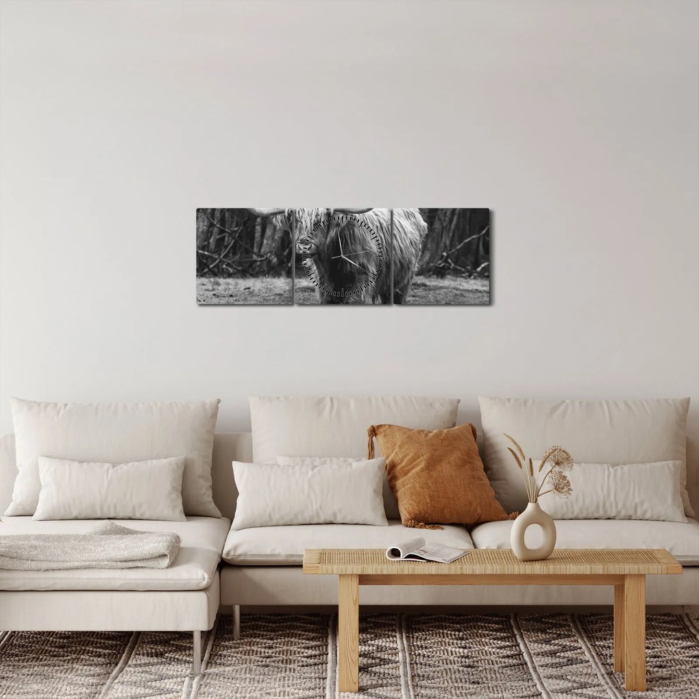 Kép - Skót tehén 3, fekete-fehér (órával) (90x30 cm)