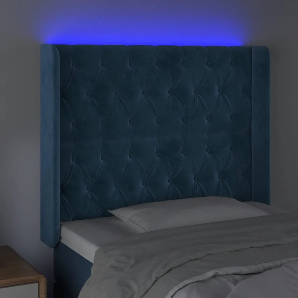 sötétkék bársony LED-es fejtámla 103x16x118/128 cm
