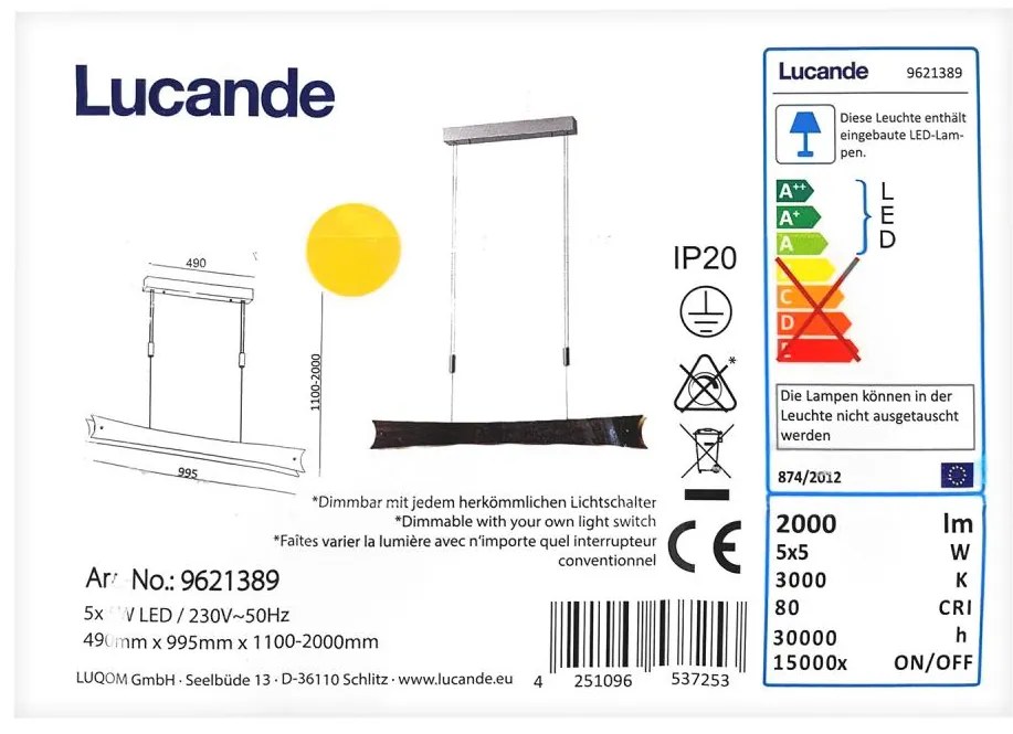 Lucande - LED Dimmelhető csillár zsinóron EBBA 5xLED/5W/230V