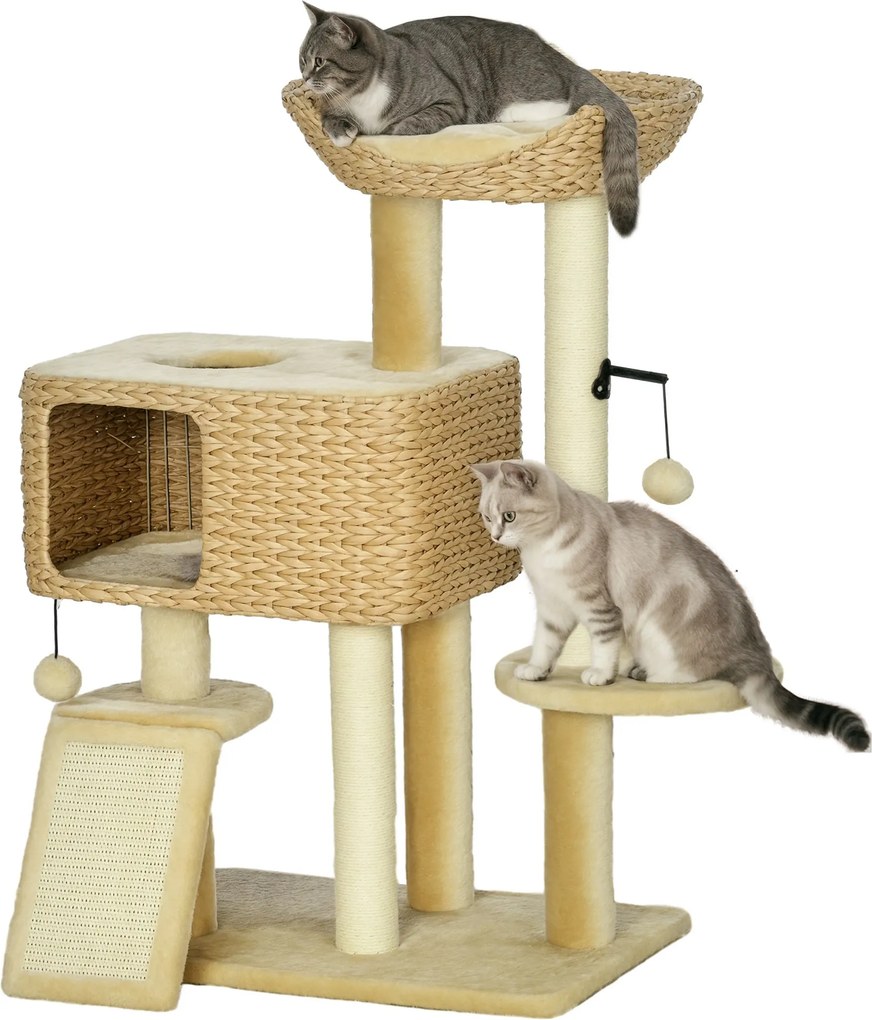 PawHut 98 cm magas macska kaparófa 2 pihenőhellyel, mászófa játékkal, kaparó oszlopokkal, macskabútor macskák részére 6 kg-ig, vízi hínárból, zsinórbó
