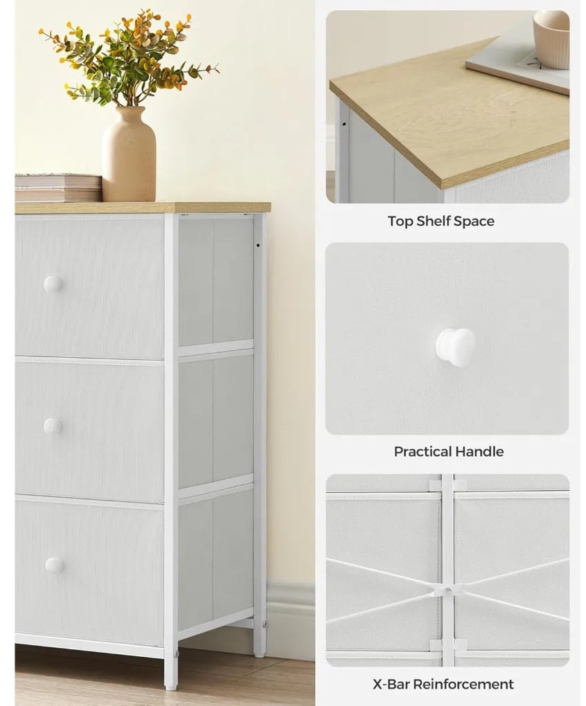 Tároló szekrény hat fiókkal, ruhás szekrény, fehér és tölgy 80x30x71cm