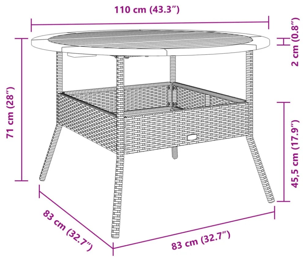 fekete polyrattan kerti asztal akácfa lappal Ø110 x 71 cm
