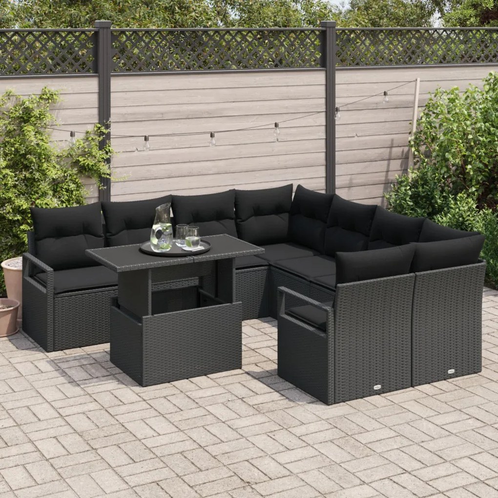 9 Darabos Kerti Sofa Szett Párnákkal Fekete Poli Rattanban, 2-Fős Kerti Sofa Tárhelyes &amp; Párnákkal Fekete Poli Rattanban