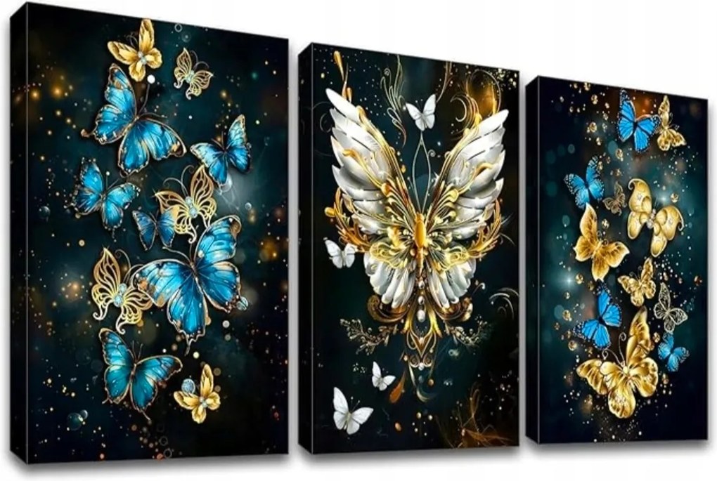 Vászonkép pillangók 3 db 50x70 cm fa keret gyémánt csillogás