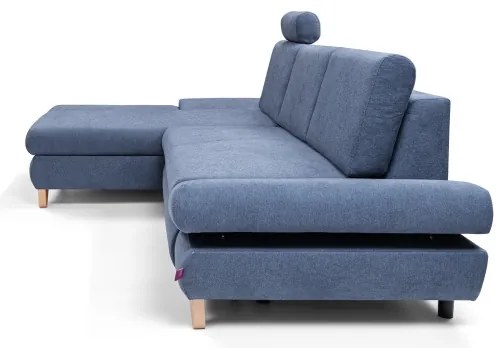 AVESTA ággyá nyitható kárpitozott L-alakú sarokkanapé tárolóval, balos, kék