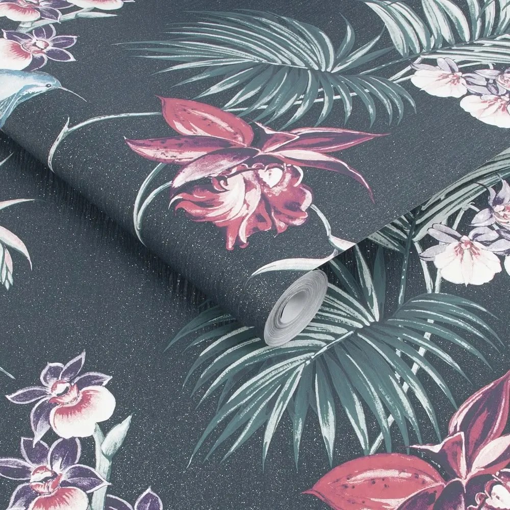 Sötétkék Tapéta Flizelin Levelek Madarak Virágok