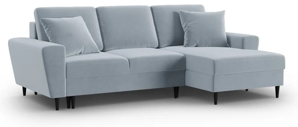 Világoskék bársony kinyitható tárolóhelyes sarokkanapé (jobb oldali-heverő résszel) Kyoto – Cosmopolitan Design