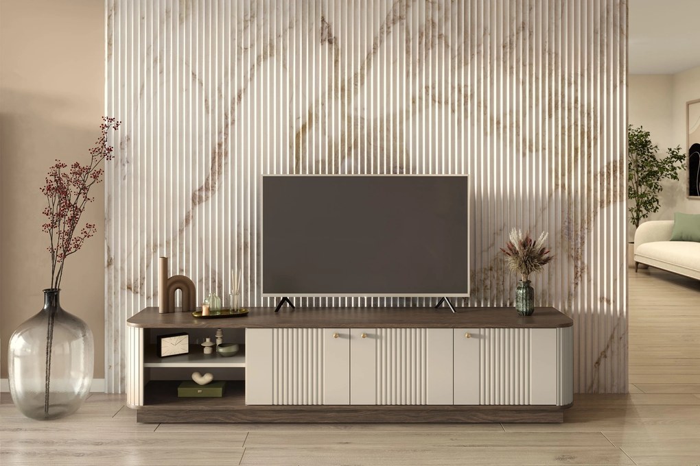 Vesper 3D TV-szekrény 187 cm talapzaton - kasmír / dió / arany fogantyúk