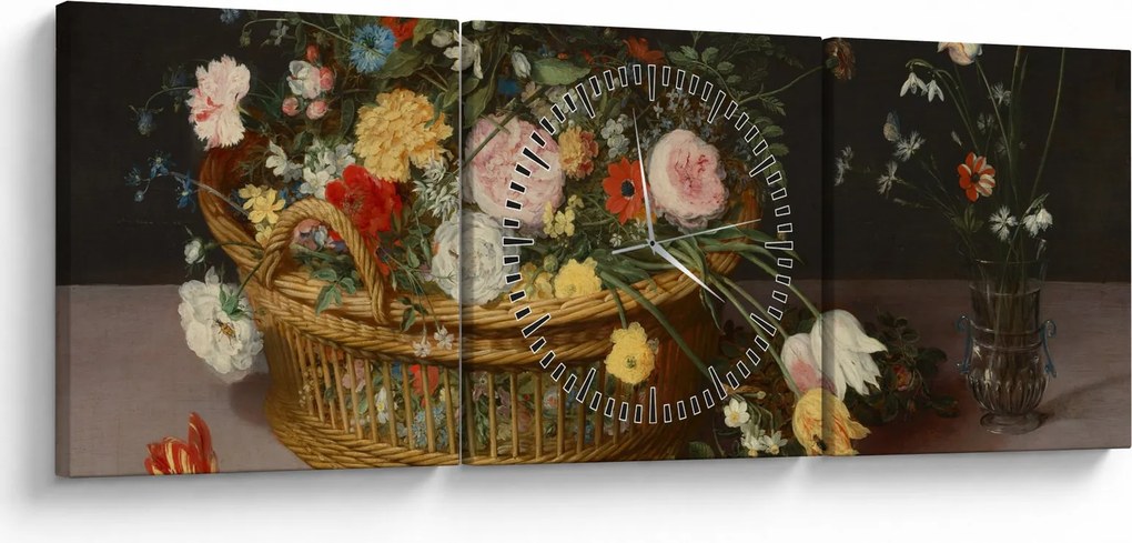 Kép - Jan Brueghel the Elder, Flowers in a Basket and a Vase, reprodukciók (órával) (90x30 cm)