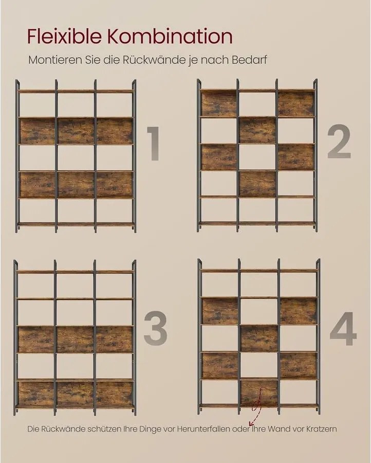 VASAGLE könyvespolc, állópolc 6 nyitott polcszinttel 24x128x187,1 cm, vintage barna–tintafekete