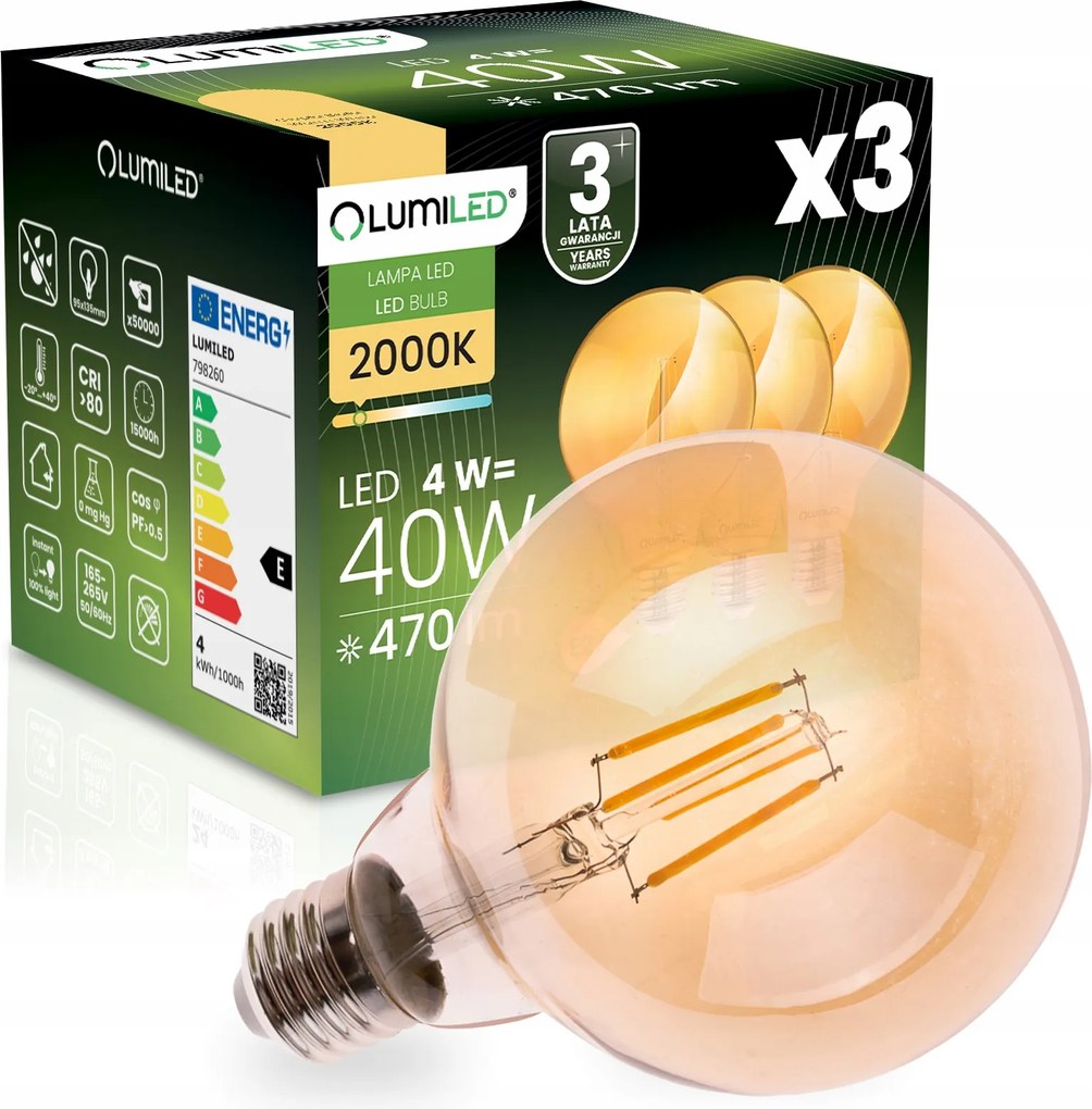 3x Led Izzó E27 G95 Filament 4W 40W 470LM 2000K 360° Dekoratív Lumiled