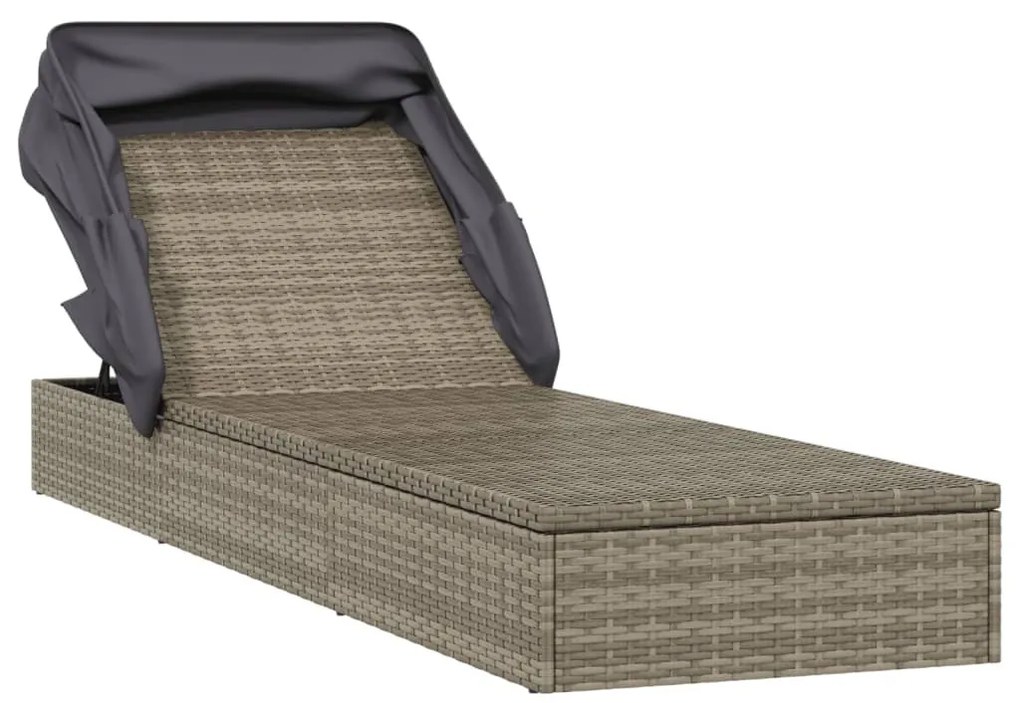 Szürke polyrattan napozóágy összecsukható tetővel 213x63x97 cm