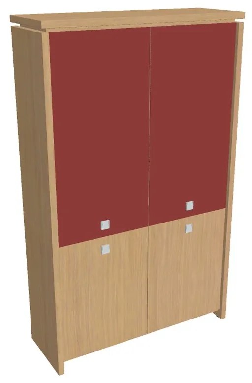 Verno magas szekrény 128 x 46 x 210 cm, kombinált ajtó, világos tölgy / piros