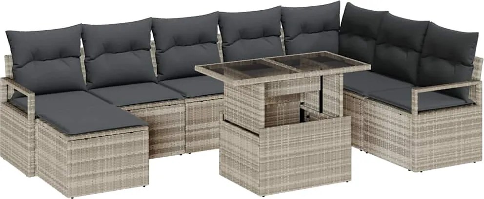 vidaXL Kerti Kanapé Szett tárolóval 9 pcs Világosszürke Poli rattan
