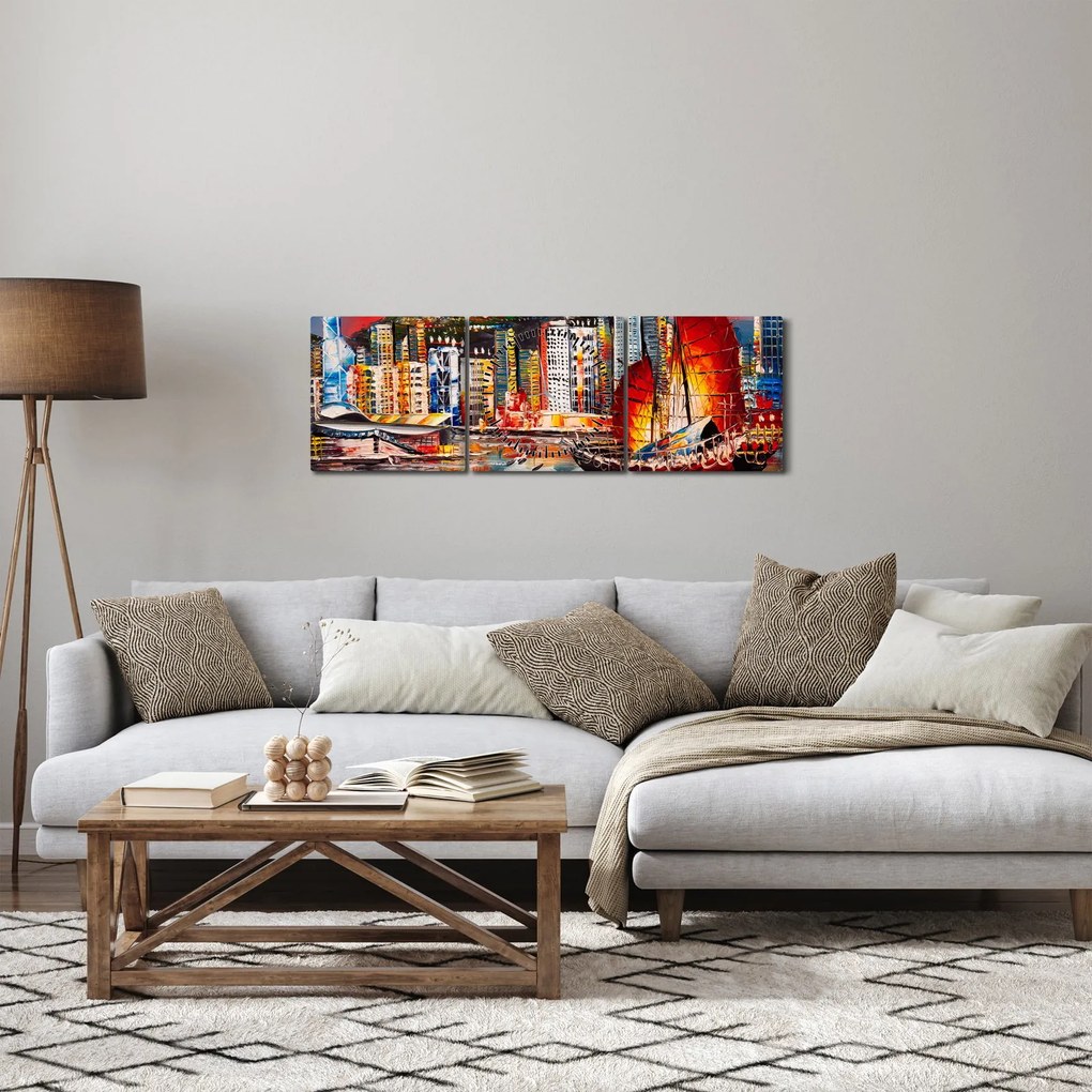 Kép - Victoria Harbour, Hong Kong, olajfestmény (órával) (90x30 cm)